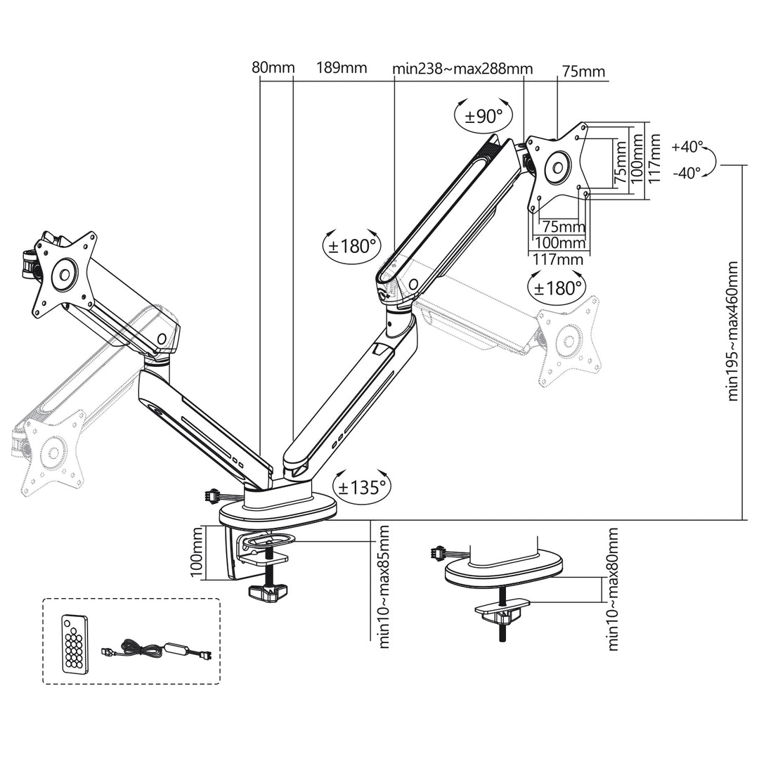 NanoRS 2-Fold Gaming Monitor Mount 17-32" with Adjustable RGB LED Lighting Desk Mount Height Adjustable Swivel Tilt Max. 9kg VESA 75x75 / 100x100