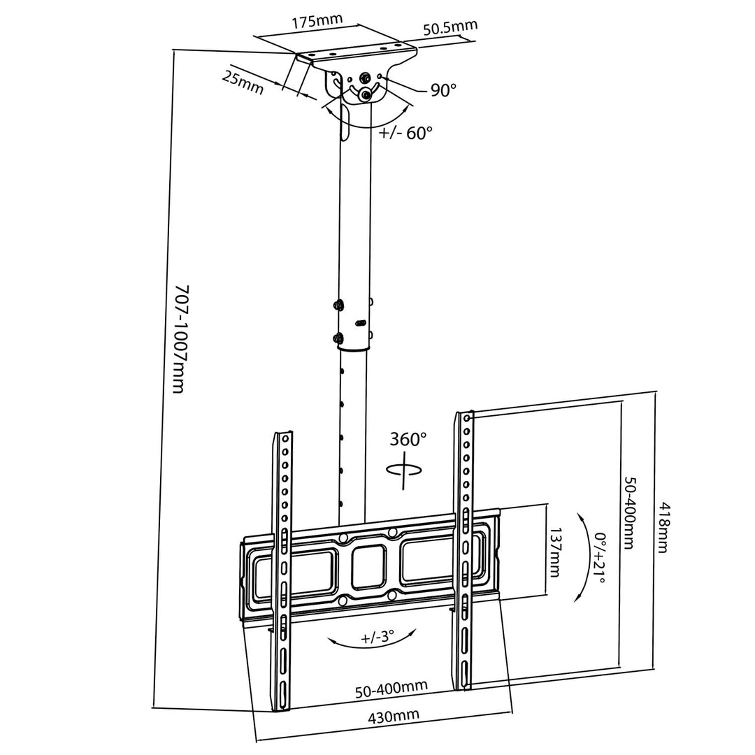 Soporte de techo Maclean para TV, VESA 400x400, 32"-50", distancia al techo 717-1017mm, máx. 35kg, MC-943