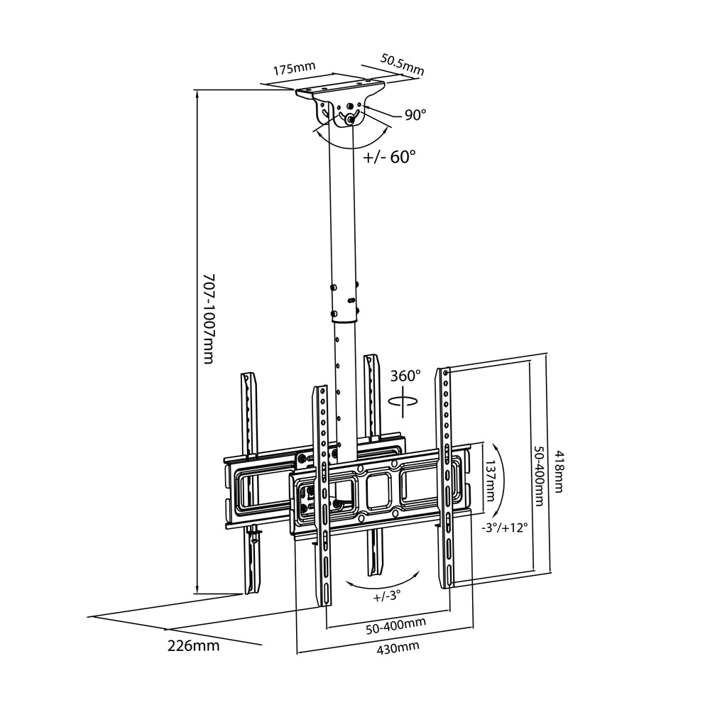 Doppio Maclean, VESA 400x400, 32"-50", distanza dal soffitto 717-1017mm, max 35kg, MC-944