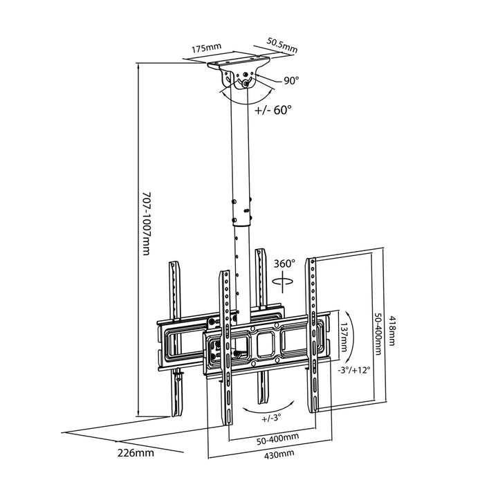 Doppio Maclean, VESA 400x400, 32"-50", distanza dal soffitto 717-1017mm, max 35kg, MC-944