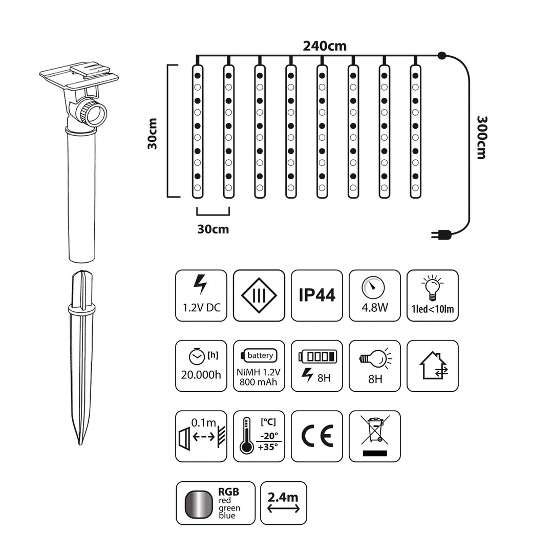 Maclean MCE411 Lumières solaires à Led 2.4m, 144 LEDs, batterie Li 800mAh, glaçons tombants