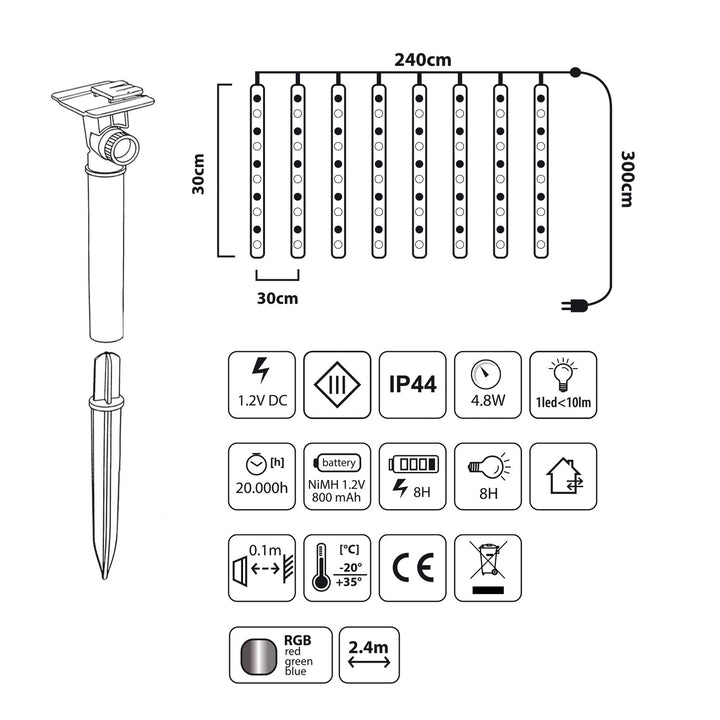 Maclean MCE411 Luces Led Solares 2,4m, 144 LEDs, Modo LED, Batería Li 800mAh, carámbanos que caen