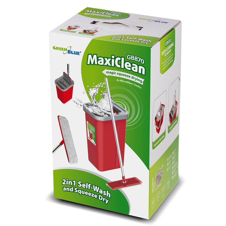 Juego de fregona plana MaxiClean con cubo de limpieza 2 en 1 Juego de mopa de 5,7 l Limpiador de suelo Fregona Limpiador del sistema de limpieza Cabezal de fregona giratorio de 360° (juego de fregona plana y cubo + 2 fundas de repuesto)