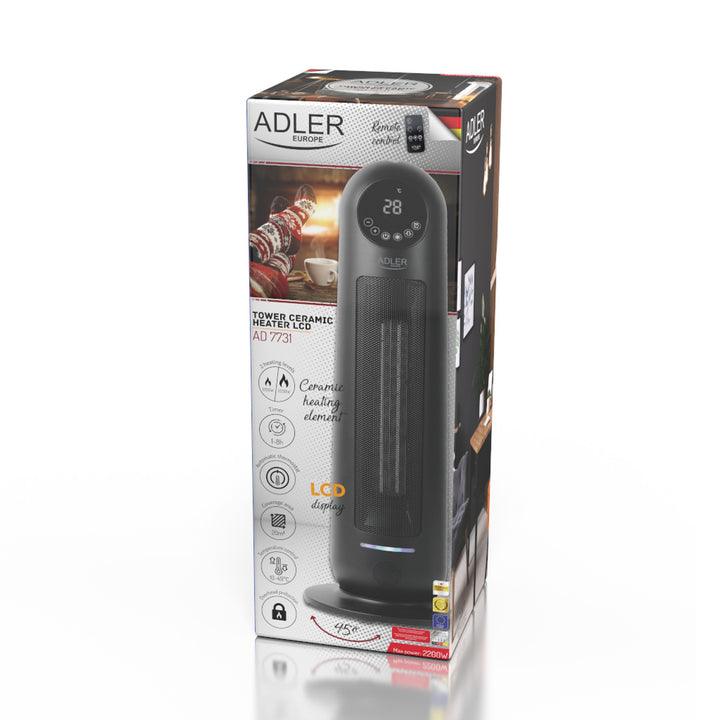 Adler AD 7731 Ceramic Oscillating Column Fan Heater 2200W with LCD Timer Thermostate Remote Control