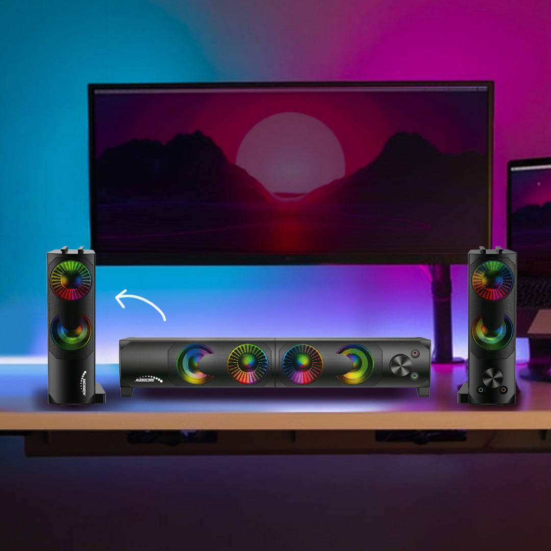 Audiocore AC955 2 in 1 altoparlante 2.0 per PC con funzione Soundbar RGB Retroilluminazione altoparlante stereo 2x3W RMS AUX 3.5 mm USB Alimentazione