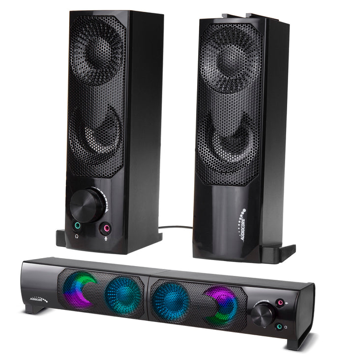 Altavoz 2 en 1 2.0 para PC con función de barra de sonido Retroiluminación RGB Altavoz estéreo 2x3W RMS Fuente de alimentación AUX 3,5 mm USB