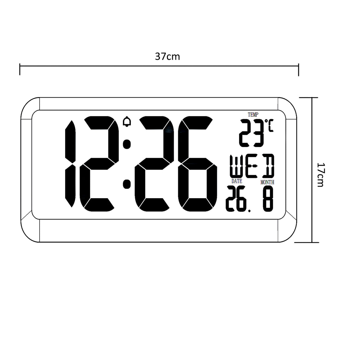 Large Digital Clock Wall Mount Free Standing with Temperature Sensor 37x17cm LCD Display Power Adapter & Battery Operated