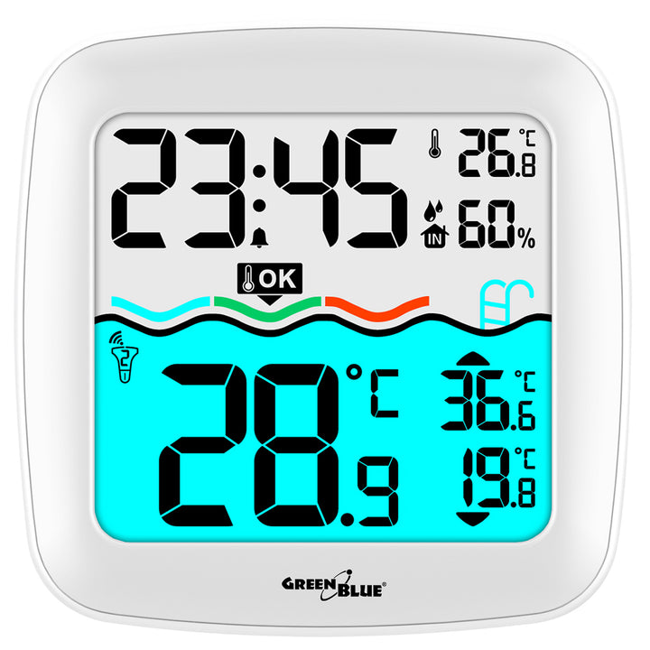 GreenBlue GB216 Digitale draadloze zwembadthermometer met weerstation Temperatuurstation met zwembadthermometer Binnentemperatuur Watertemperatuur Drijvende thermometer Pool SPA DCF-radioklokfunctie