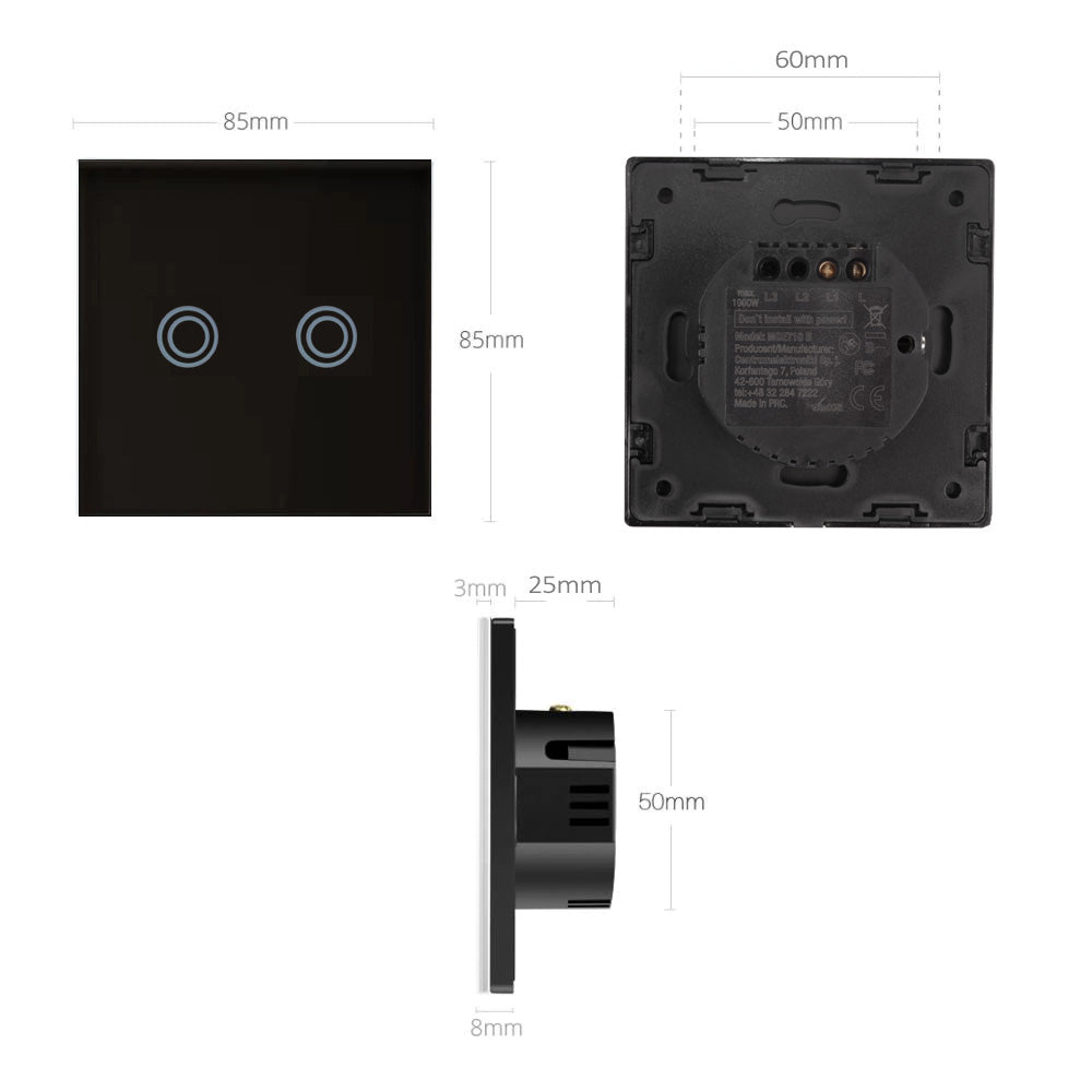 Touch Wechselschalter Lichtschalter Kreuzschalter Wandschalter Treppenschalter mit Farbwechsel LED Hintergrundbeleuchtung Einbauschalter 2-Fach Rund Schwarz