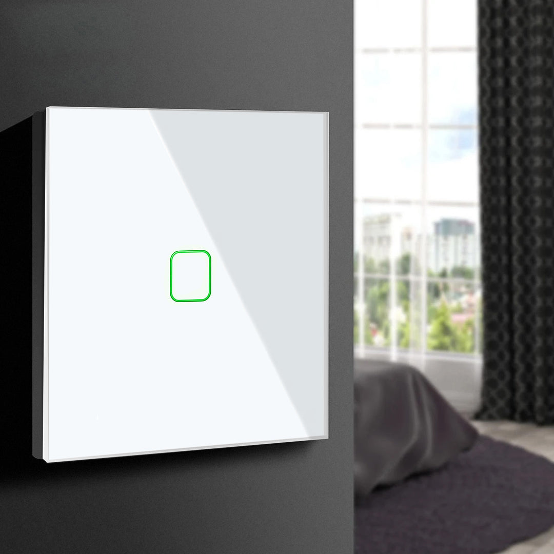 Maclean MCE716W Smart WiFi Touch Light Switch Compatibel met Tuya App Wandschakelaar Glazen schakelaar met van kleur veranderende LED-achtergrondverlichting Ingebouwde schakelaar 85 x 85 mm (1-voudig vierkant, wit)