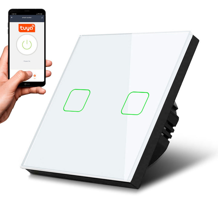 Smart WiFi 2-Fach Touch Lichtschalter Kompatibel mit Tuya APP Wandschalter Glas Schalter mit Farbwechsel LED Hintergrundbeleuchtung Einbauschalter 85x85mm (2-Fach Eckig, Weiß)