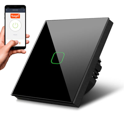 Smart WiFi Touch Light Switch compatibile con Tuya APP Interruttore a parete Interruttore in vetro con retroilluminazione a LED che cambia colore Interruttore da incasso 85x85mm (1-fold angolare, nero)
