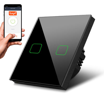 Smart WiFi 2-Fach Touch Light Switch Kompatibel mit Tuya APP Wandschalter Glasschalter mit Farbwechsel LED Backlight Einbauschalter 85x85mm (2-fach Winkelig, Schwarz)