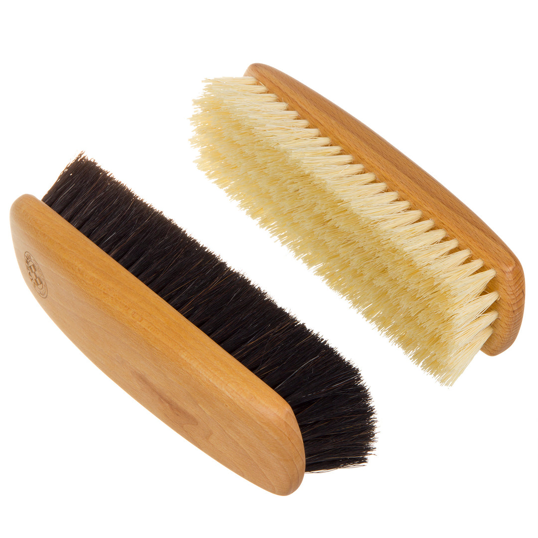 STARMANN Lot de brosses à chaussures en bois de hêtre Lot de 2 brosses à reluire 1x fibres de tampico 1x crinière de cheval  Lot de cirages pour chaussures