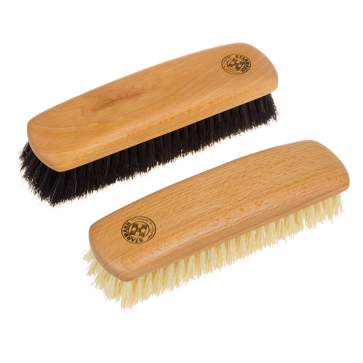 STARMANN Lot de brosses à chaussures en bois de hêtre Lot de 2 brosses à reluire 1x fibres de tampico 1x crinière de cheval  Lot de cirages pour chaussures