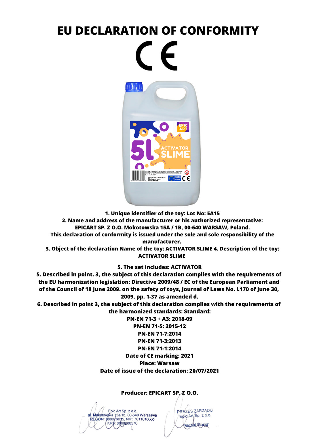 Epic Art EA1 Activador Líquido para Slime Magical Fun Juguete Creativo para Niños 5000ml