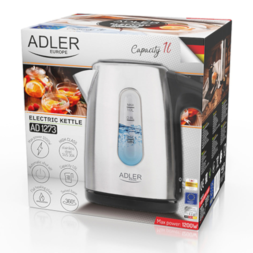 Adler AD1273 Electric Kettle 1L 1200W Stainless Steel Indicator Light Swivel Base Auto Shut-Off