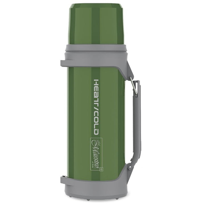 Thermos 1L Bouteille isolante avec gobelet 350ml Maestro Push-Button 110cm Sangle de transport  Acier inoxydable 304 + plastique pour boissons chaudes ou froides (Vert)