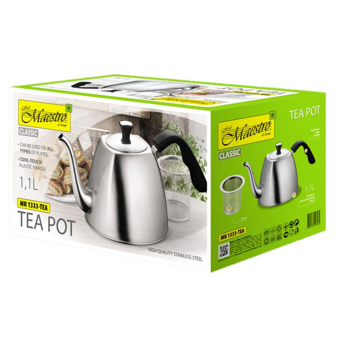 Teapot Kettle Tea Herbs Strainer 1.1L All Cookers Gas Induction Stainless Steel