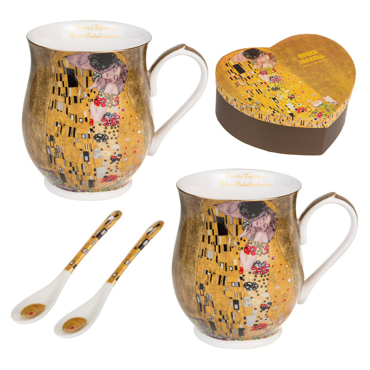 Queen Isabell Koffiemok set met lepel voor twee personen Porselein The Kiss Klimt mok Hartvormige geschenkdoos cadeau idee Set van 2 350ml