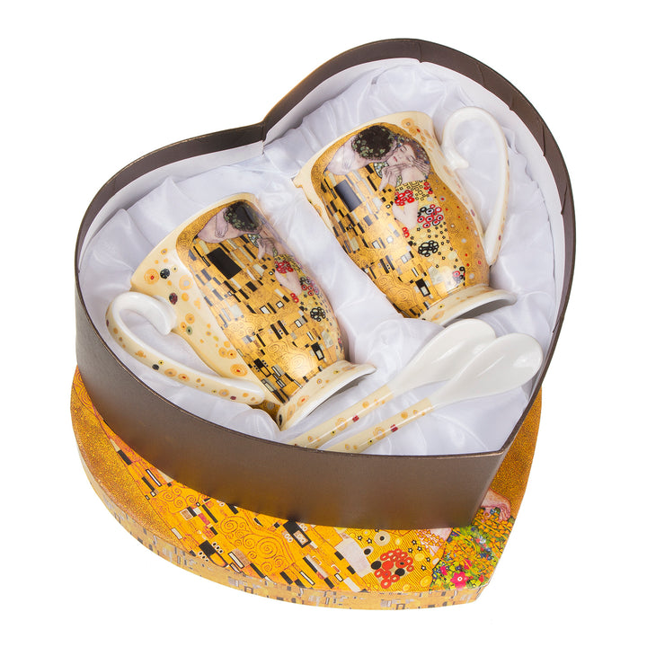 Queen Isabell Koffiemok set met lepel voor twee The Kiss door Gustav Klimt Porseleinen mok Hartvormige geschenkdoos Huwelijkscadeau idee set van 2 300ml