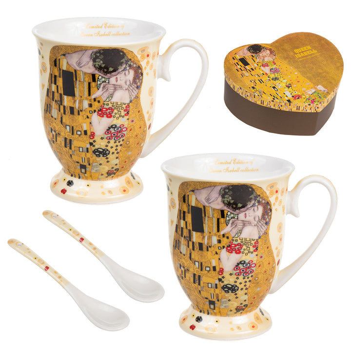 Queen Isabell Koffiemok set met lepel voor twee The Kiss door Gustav Klimt Porseleinen mok Hartvormige geschenkdoos Huwelijkscadeau idee set van 2 300ml