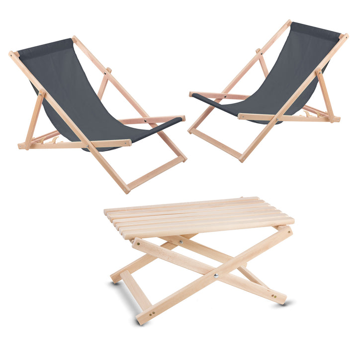 Ensemble de jardin WOODOK 2 chaises longues grises + table en bois de hêtre de haute qualité