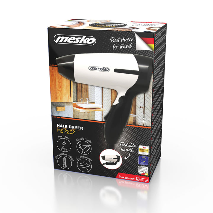 Mesko MS 2262 Travel Hair Dryer Folding Handle Hot Air Flow 2 Powers 1000W Lightweight