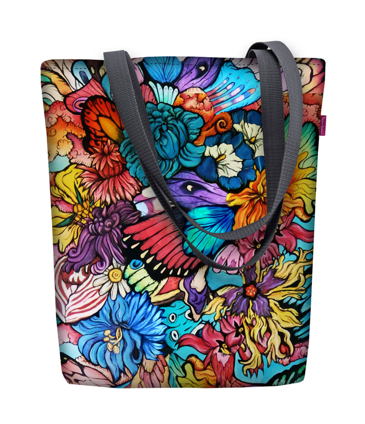 Zonnige schoudertas met rits - Dames shopper 36x40 cm (past A4) - Tote bag stoffen tas met motief Hippi