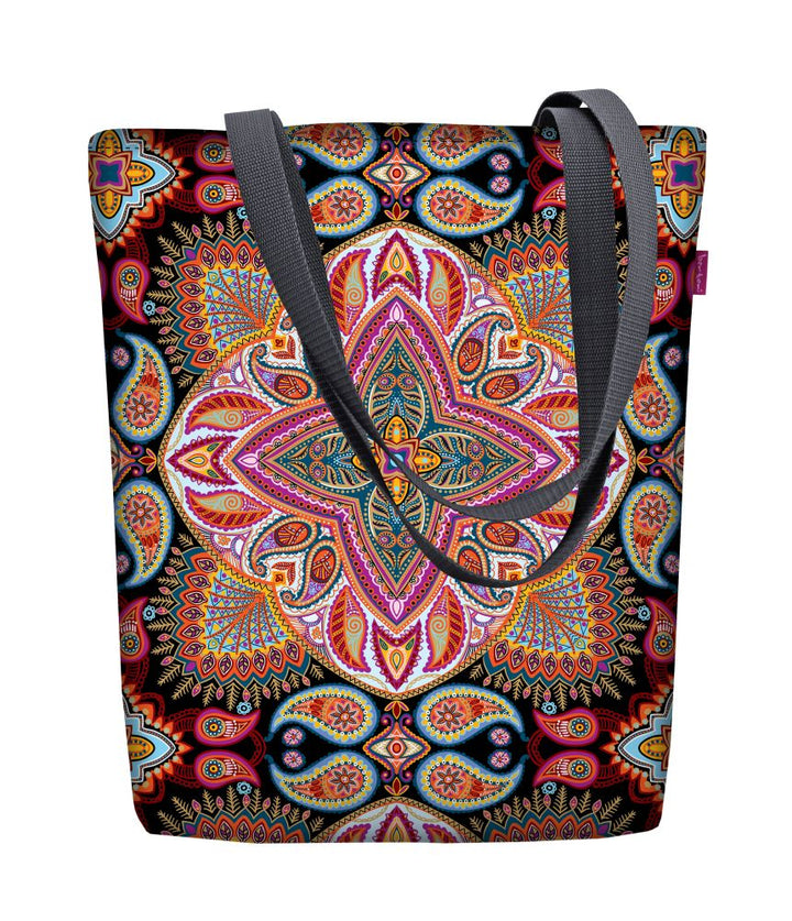 Zonnige schoudertas met rits - Dames shopper 36x40 cm (past A4) tote bag stoffen tas met motief polka