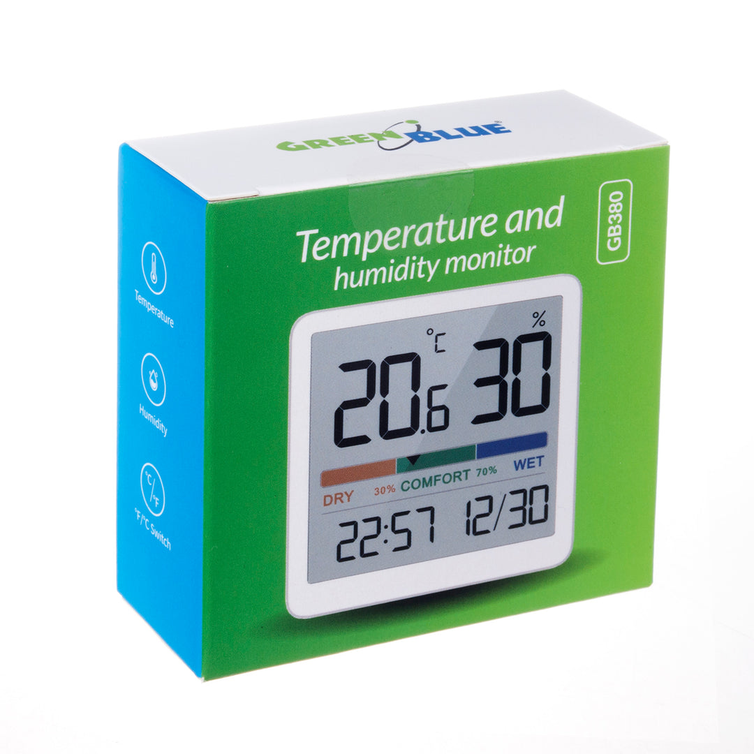 Termómetro/higrómetro con función de reloj y fecha, VerdeAzul, pila CR2032, rango de temperatura -9,9 grados C a +60 grados C.,GB380