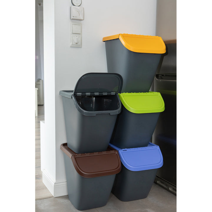 Sorting Waste Bin Set 5 x 23LRecycling Garbage Trash Segregation Stackable Lid