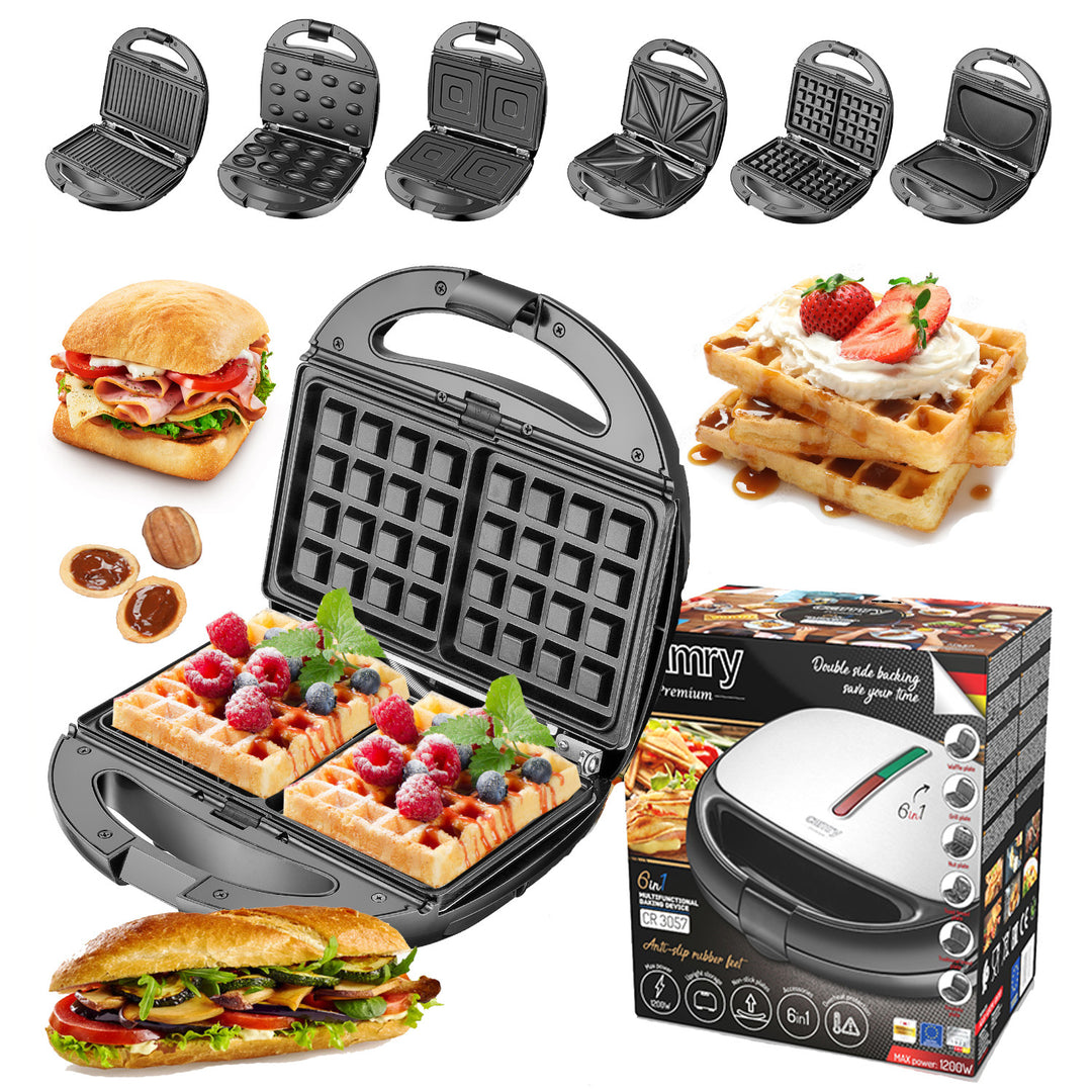 Sandwichmaker Multifunktionales Backgerät 6 Wechselplatten Elektrischer Sandwichtoaster Kontaktgrill Toaster Waffelplatte max. 1200 W