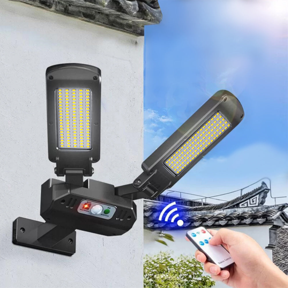 Solar Straßenlampe mit Bewegungs- und Dämmerungssensor IP54 5W 2x 450 Lumen 6500K Zwei Lichtquellen Fernbedienung Solarlampe Außenwandleuchte Außenbeleuchtung 3 Beleuchtungsmodi