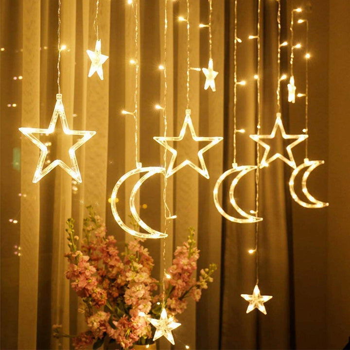 LED String of Lights with Moon & Star Curtain Garland Lights Christmas 5.2m 8 Modes 120 LEDs 3000K Warm White 3W Plug-in Electric Corded