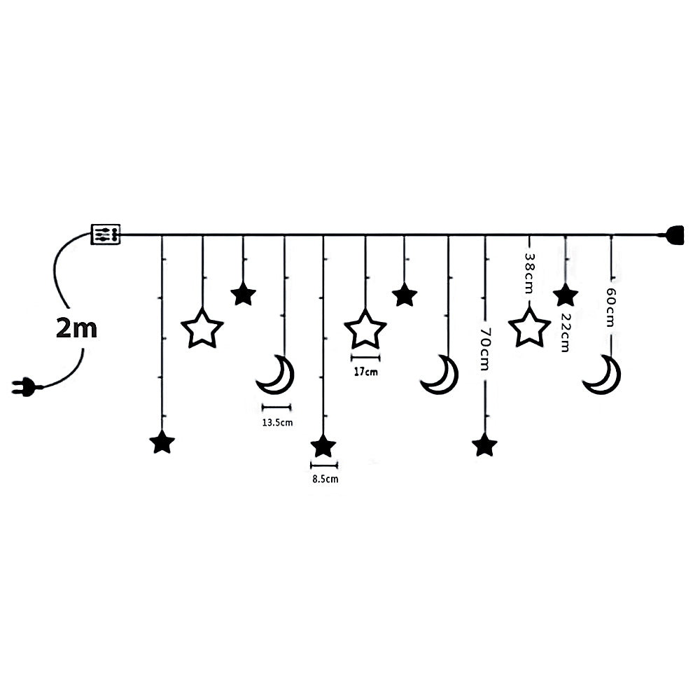 LED String of Lights with Moon & Star Curtain Garland Lights Christmas 5.2m 8 Modes 120 LEDs 3000K Warm White 3W Plug-in Electric Corded