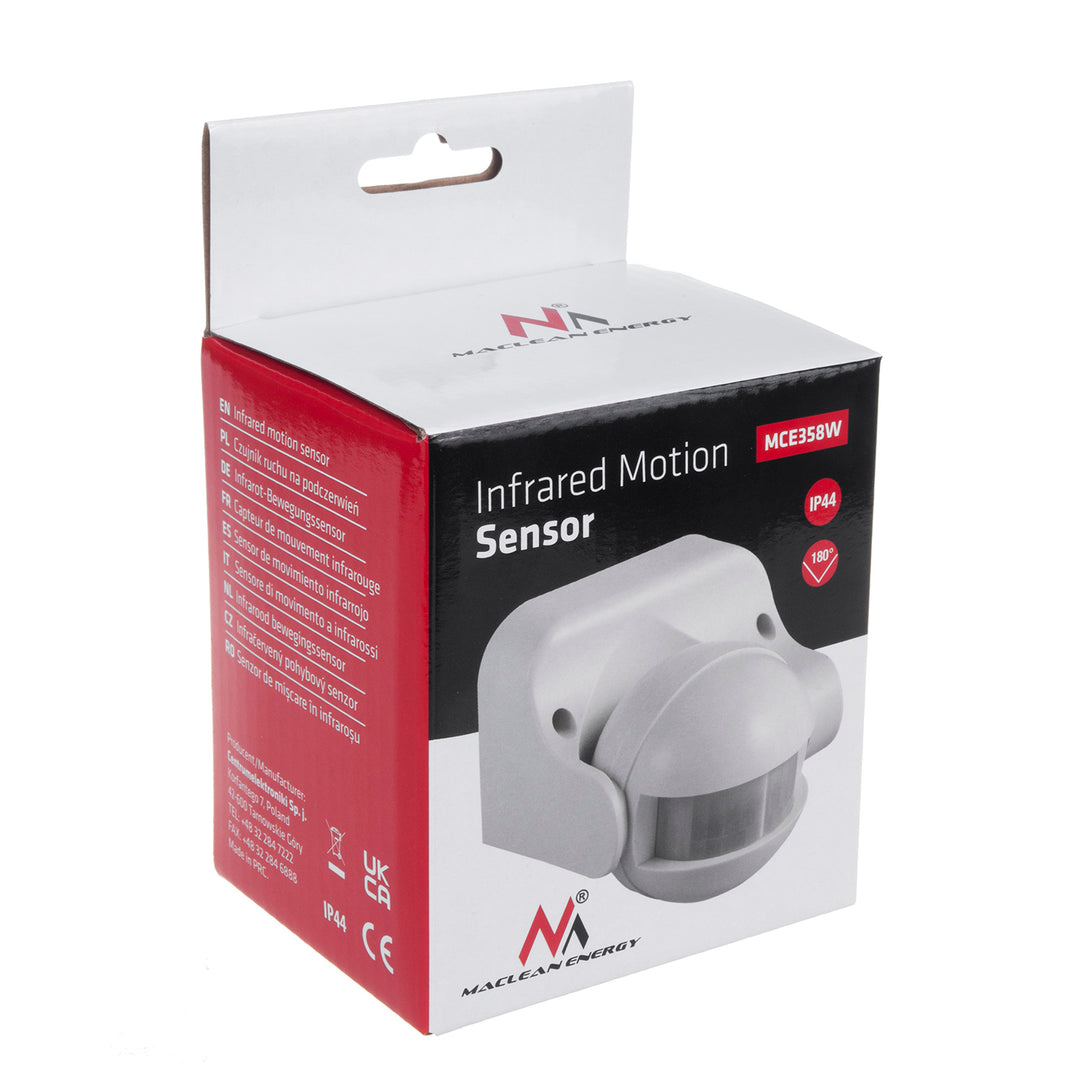 Maclean MCE358 W Sensor de Movimiento por Infrarrojos Sensor PIR de 180° con Sensor Crepuscular Infrarrojo IP44 | Uso en Interiores y Exteriores | Alcance hasta 12 m | Carga 300/1200W