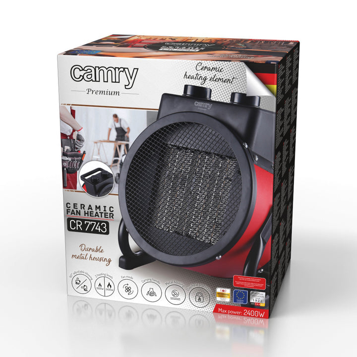 Camry CR 7743 Ceramic Fan Heater 2400W with Adjustable Tilt Vertical Blowing Metal Housing 2 Heating Levels Overheat Protection