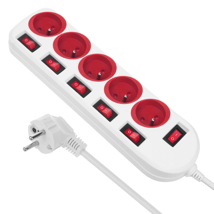 Maclean power strip, 5 socket extension cable, with switches, 250VAC/10A, 1.5m, MCE204 R/W