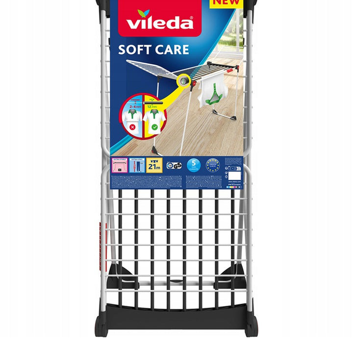 Vileda 170775 Clothes Folding Winged Airer - Vileda Soft Care 21m Total Space XXL Side Wings Thick Lines Crease Free