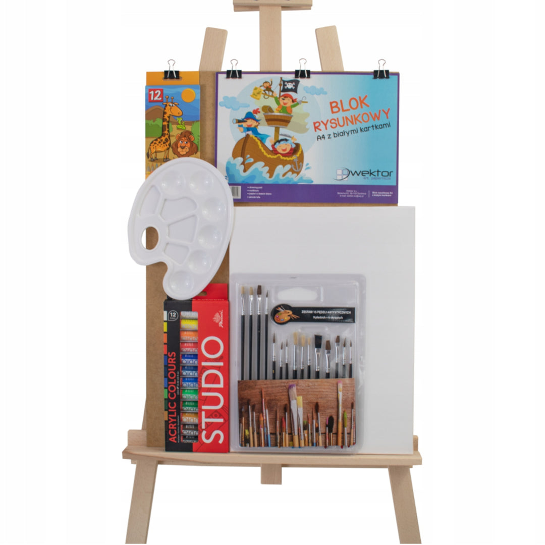 Paints + Brushes + Easel Large Complete Painting Set Adjustable Natural Beech Wood