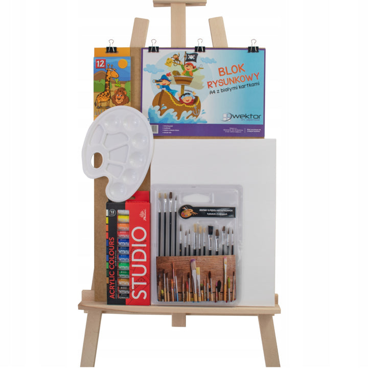 Paints + Brushes + Easel Large Complete Painting Set Adjustable Natural Beech Wood