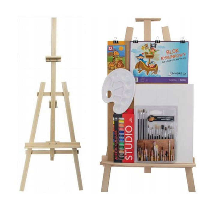 Paints + Brushes + Easel Large Complete Painting Set Adjustable Natural Beech Wood