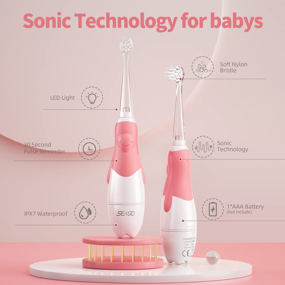 SEAGO SG-513 Pink Children's Sonic Toothbrush, Pink, 1xAAA 1.5V (not included), 4 tips