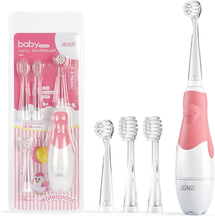 SEAGO SG-513 Pink Children's Sonic Toothbrush, Pink, 1xAAA 1.5V (not included), 4 tips