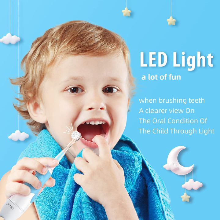 SEAGO SG-513 Blau Elektrische Zahnbürste Kinder Baby Kinderzahnbürste Elektrisch ab 0-3 Jahre mit LED Licht Smart Timer Schall Babyzahnbürste Wasserdicht IPX7 Schallzahnbürste