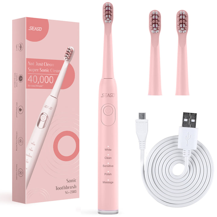 Spazzolino sonico SEAGO, rosa, batteria 700 mAh, 5 modalità, 3 punte, SG-2303 Rosa