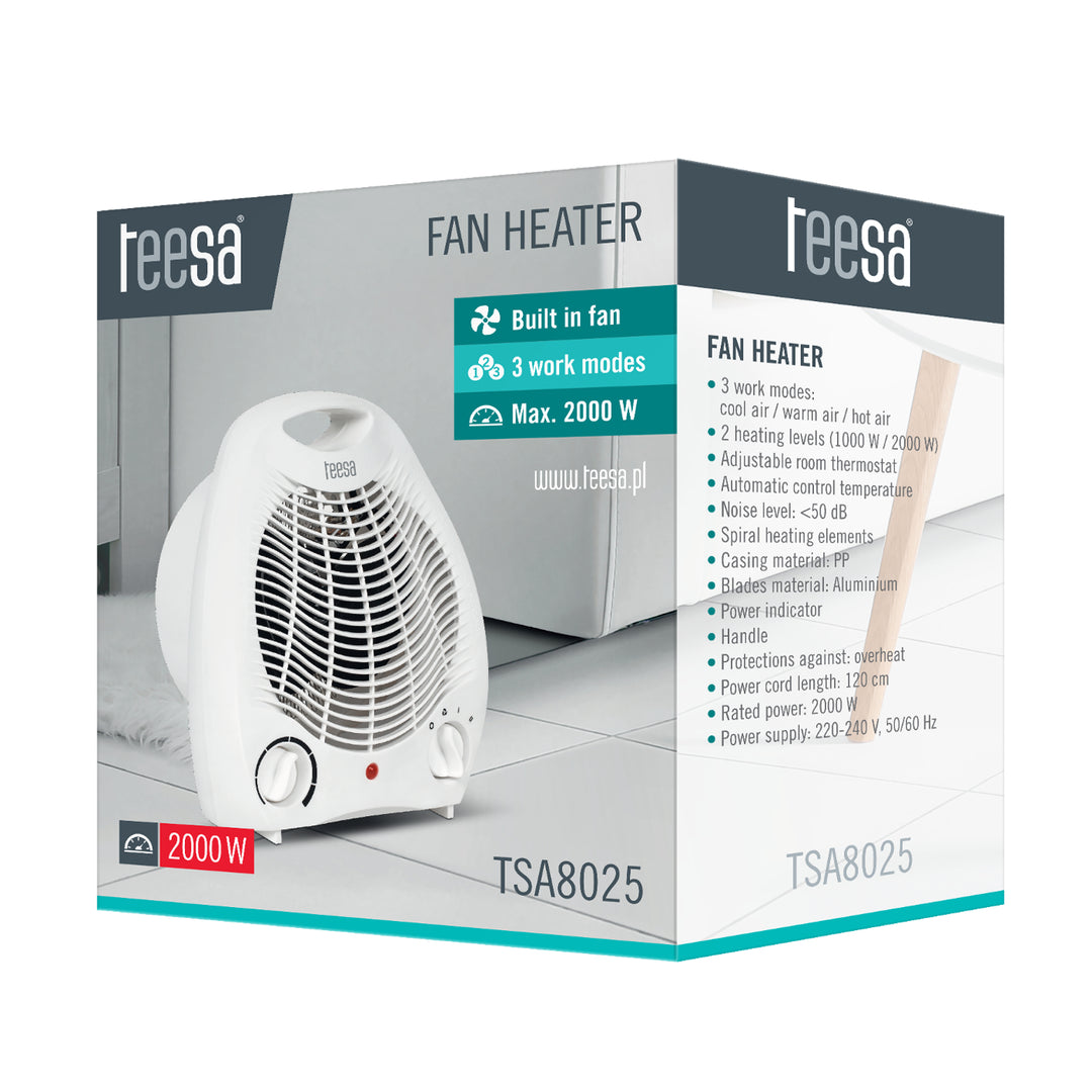 Teesa TSA8025 2000W Fan Heater 3 Modes Adjustable Thermostat Fan Only Option Overheating Protection