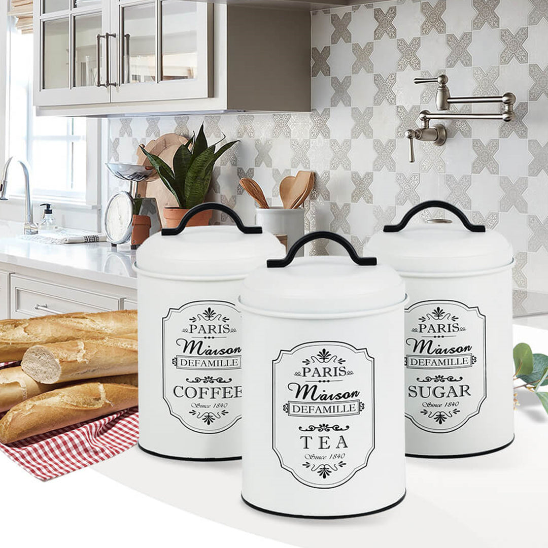 Paris 3pcs Storage Tins Set Metal Storage Tins Sugar Coffee Tea Kitchen Container Sugar Coffee Tea 3x Ø11,3 x 18,5cm White/Black