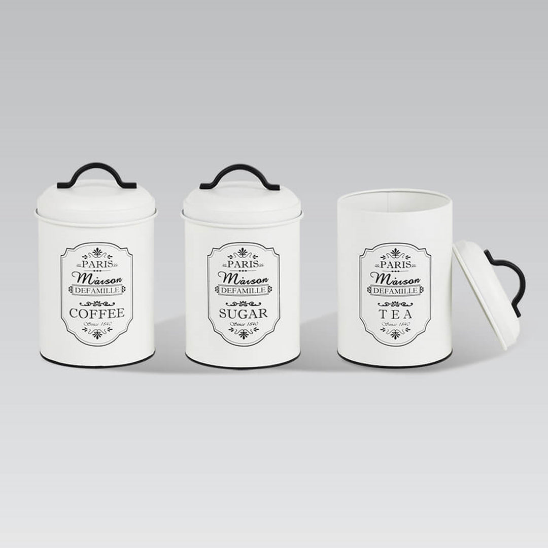 Maestro - Set van 3 Opbergblikken voor: Suiker Koffie Thee | Voedselcontainer - 3x Ø11,3 x 18,5cm Wit/Zwart